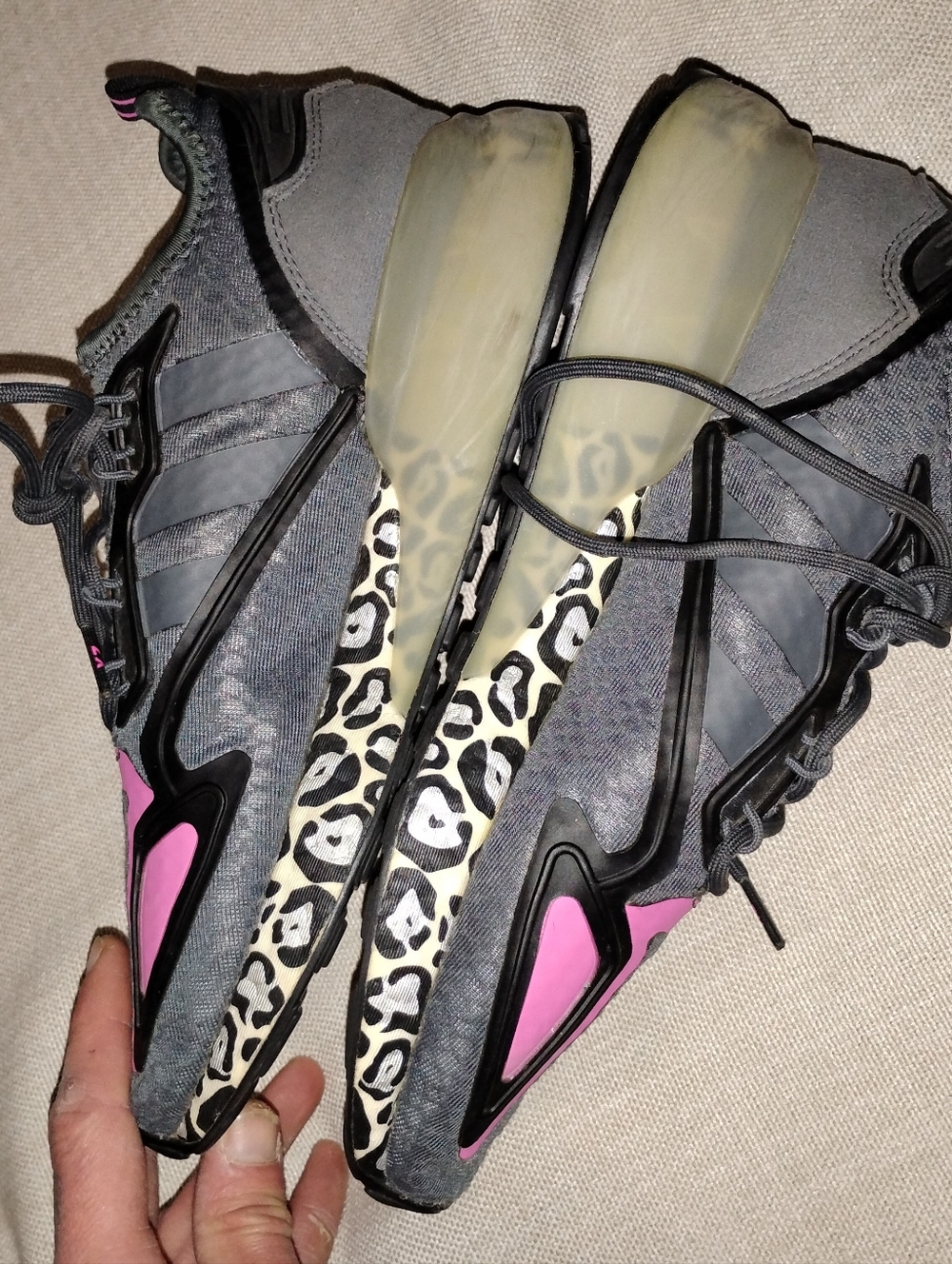 adidas Men's Athletic Shoes Gray with Pink Accents and Leopard Print